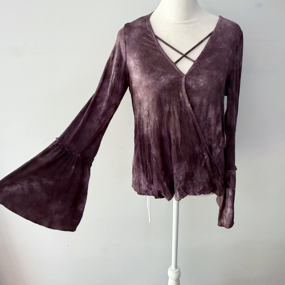 American Eagle Top Women Small Purple Tie Dye Long Bell Sleeve Boho Fairy Grunge